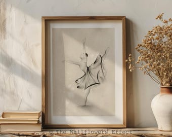 May include: A framed charcoal drawing of a ballerina in a dynamic pose, featuring a flowing skirt and extended limbs. The artwork is presented in a light wood frame, with the text The Wallflowers Effect visible at the bottom center.
