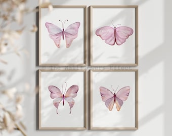 Pink Watercolor Butterfly Prints, Soft Pastel Botanical Nursery Decor (Set of 4)
