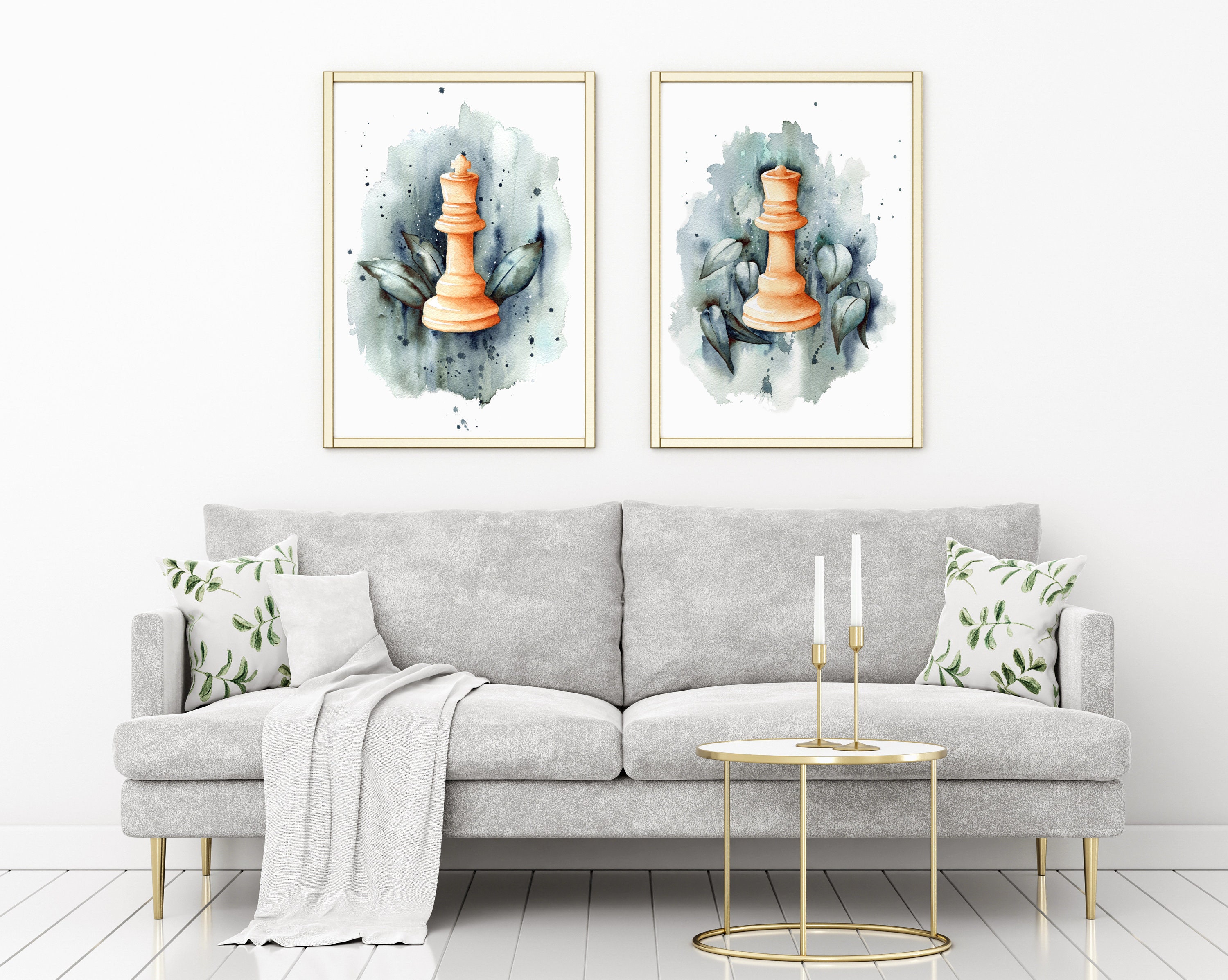 Set of 2 Chess Prints | Modern Chess Decor | Chess Watercolor Glicee Prints | Queens Gambit Inspired Chess Prints | King Queen Chess Poster