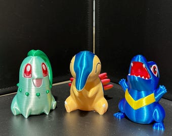 Chikorita, Cyndaquil, Totodile 3d Print COLORED 3 Inches Tall - Pokemon - Metallic Shine - Paldea Starters