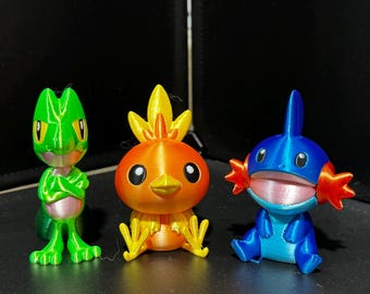 Treecko, Torchic, Mudkip 3d Print COLORED 3 Inches Tall - Pokemon - Metallic Shine - Hoenn Starters