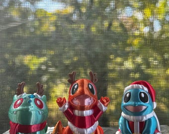 Bulbasaur, Charmander, and Squirtle Christmas Tree Ornaments 3d Print COLORED 2.2 Inches Tall - Pokemon - Metallic Shine - Decoration