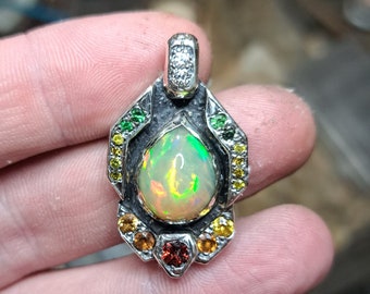 Sci-fi themed opal and multi gem sterling pendant