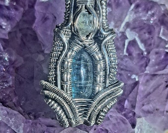 Indicolite tourmaline and montana sapphire heady wirewrap pendant,  third eye and throat chakra talisman