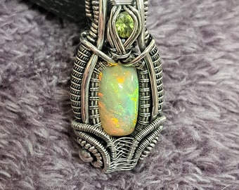 Opal and peridot silver wirewrap pendant chakra talisman