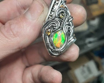 Opal and sapphire heady sterling wire wrapped pendant