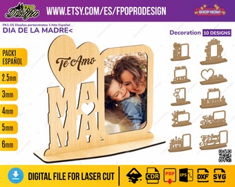 PK1-ES Portaretratos día de la madre 1 foto planos corte láser archivos svg feliz día mamá Glowforge eps cdr inkscape ocasiones especiales