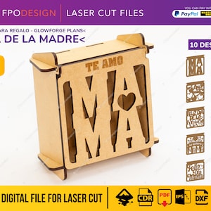 PK2-ES Caja día de la madre para chocolates 10 diseños español obsequio regalo Glowforge corte láser planos cnc espesor 2,5 3 y 4 mm DXF CDR