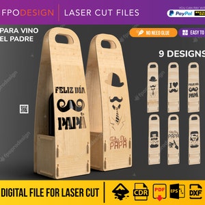 Caja para vino día del padre 8 diseños español obsequio regalo corte laser planos cnc espesor 3, 4 y 5 mm dxf svg pdf ai eps