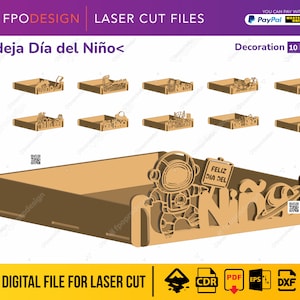 Charola Día del niño Caja de madera wektor corte laser tipo bandeja para regalo czekoladki dulces con frases de te amo día papá svg eps dfx