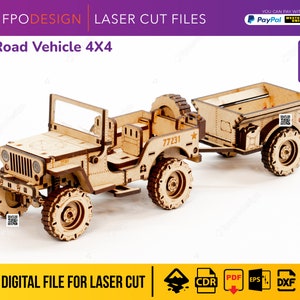 Carro de guerra 4x4 z remolque planos corte laser madera mdf aglomerado de 3 mm model ciężarówki 3d dla armar laserowo wycinane puzzle 3D DIY png svg