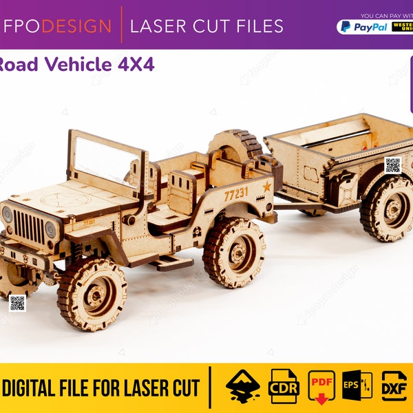 Carro de guerra 4x4 con remolque planos corte láser madera mdf aglomerado de 3mm truck  modelo 3d para armar Laser Cut 3D Puzzle DIY png svg