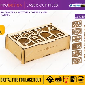 Día del padre Caja para cerveza español con compartimentos glowforge corte láser planos cnc espesor 2,5-3 y 4 mm, DXF CDR