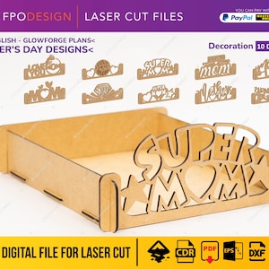 Pk1-ES Día de la madre Caja de madera vector corte laser tipo bandeja para regalo chocolates dulces con frases de te amo día mamá svg