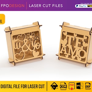 Pack 2 Caja para para chocolates Español d'Oréal corte laser planos cnc espesor 2,5 3 en 4 mm DXF CDR San Valentin Día amor
