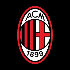 May include: The AC Milan logo, a red and black emblem, is set against a black background. The logo features the letters "ACM" above a design of red and black vertical stripes and a red cross. The year "1899" is at the bottom.