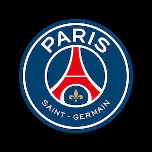 Peut inclure: Un logo circulaire bleu et blanc avec le texte "Paris Saint-Germain" et une tour Eiffel stylisée rouge avec une fleur de lys dorée.
