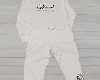 Lounge set for women | White jogger set | Sweatshirt and Sweatpants | Christian Inspirational Sweatsuit | Blessed for 1000 Generations