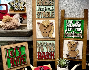 Adorable Horse Leaning Ladder Interchangeable Tiles, Handcrafted Collection