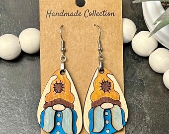 Magical Gnome Dangling Earrings, Handcrafted, Wood