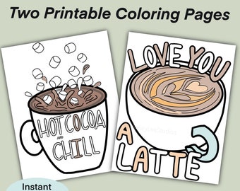 Hot Cocoa & Latte Kleurplaten- Set van 2 | Afdrukbare kleurplaten | Handgetekende | Instant download | Kleurplezier