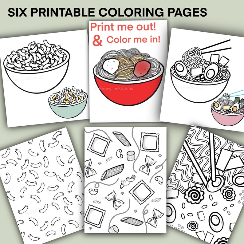 Páginas para colorear de fideos Conjunto de 6 / Hojas para colorear imprimibles / Dibujadas a mano / Descarga instantánea / Diversión en el aula imagen 1