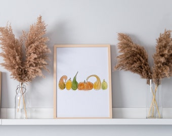 Fall Watercolor Pumpkin Gourds, Printable Wall Art, Digital Download