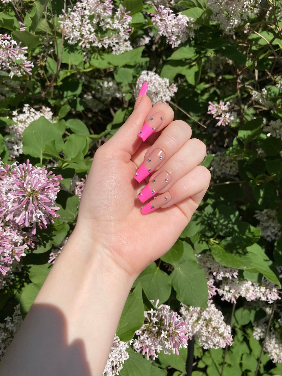 Pink French Tip Bling Press On Nails Handpainted Press On Etsy
