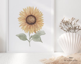 Golden Sunflower - Fine Art Print - Hand Drawn Flower Painted Watercolour Wall Art