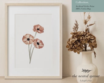 Field Flowers - Fine Art Print - Anemone Hand Drawn Painted Watercolour Wall Art