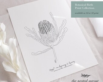 AUGUST Botanical Birth Print – Australijska sztuka ścienna z kwiatami do narodzin dziecka ** PLIK CYFROWY ** Obrazek do pokoju dziecięcego