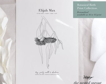 Personalized Australian Birth Flower Print – Botanical Keepsake Birthday Gift, Baby, New Mum, Wall Art