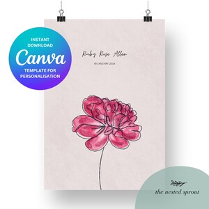 Puede incluir: Una impresión de arte imprimible con una flor de peonía rosa acuarela con un dibujo de línea negra del tallo y las hojas. El texto "Ruby Rose Allen" y "19 de enero de 2024" está impreso en negro en la parte superior de la impresión. El texto "the nested sprout" está impreso en negro en la parte inferior de la impresión.