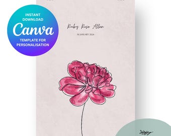 Wydruk narodzin piwonii Ruby Rose ** Edytowalny szablon Canva