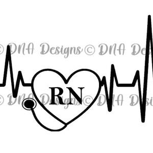 May include: Black and white graphic of a heart with the letters RN inside, a stethoscope, and a heartbeat line.