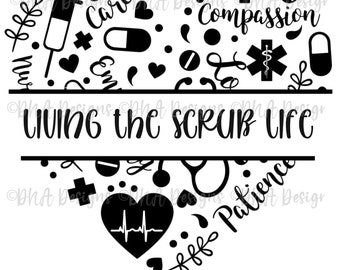 May include: Black and white graphic design with a heart shape filled with medical symbols and the text "LIVING the SCRUB LIFE".