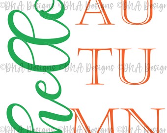 May include: A green swirl design with the word "AUTUMN" in orange letters with a double outline.
