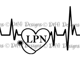 May include: Black and white graphic of a stethoscope and a heart with the text "LPN" inside. The heart is connected to a heartbeat line.