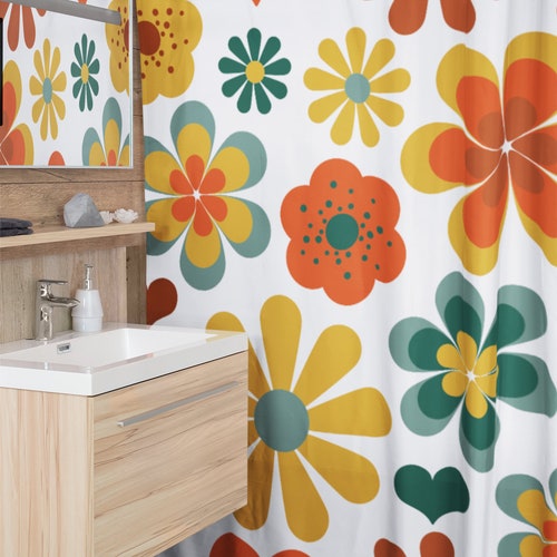 Retro Shower Curtain 70's Groovy Wave Hipster Orange Etsy