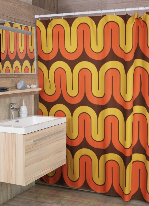 Retro Gold Brown Orange Shower Curtain Decor Mid Century Etsy