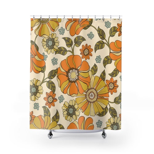 Retro Shower Curtain Floral Bathroom Decor 70s Bathroom Mat Etsy