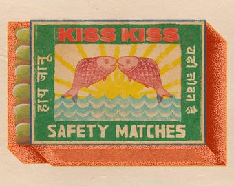 Kiss Kiss Vintage Matchbox Art Print – Retro Romance Wall Decor – A4 & A3 Digital Print