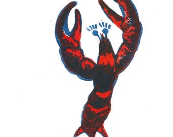 Cha Cha Lobster Linocut Print – Dancing Lobster in Boots – Limited Edition 2-Colour Lino Print – Quirky Coastal Wall Art