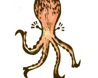Yeeehaaaw Octopus Linocut Print – Dancing Octopus Limited Edition – 2-Colour A4 Linocut Art – Quirky Nautical Wall Decor