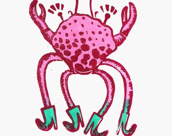 Dancing Crab Linocut Print – “Tutti Frutti Cowboy” – 3-Colour Limited Edition A4 Lino Print – Fun Coastal Wall Art Gift