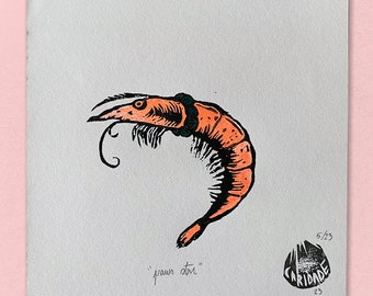 Handmade Prawn Linocut Print – Nautical Wall Art – Limited Edition Seafood Kitchen Print – Coastal Folk Art Poster