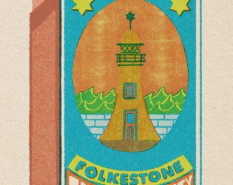 Folkestone Lighthouse Matchbox Print – Vintage Coastal Wall Art – Retro Matchbox Style Print – A4 & A3 Sizes