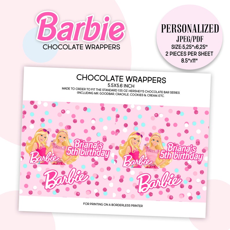 Barbie Chocolate Wrapper. Barbie Party Favors. Barbie Birthday Etsy