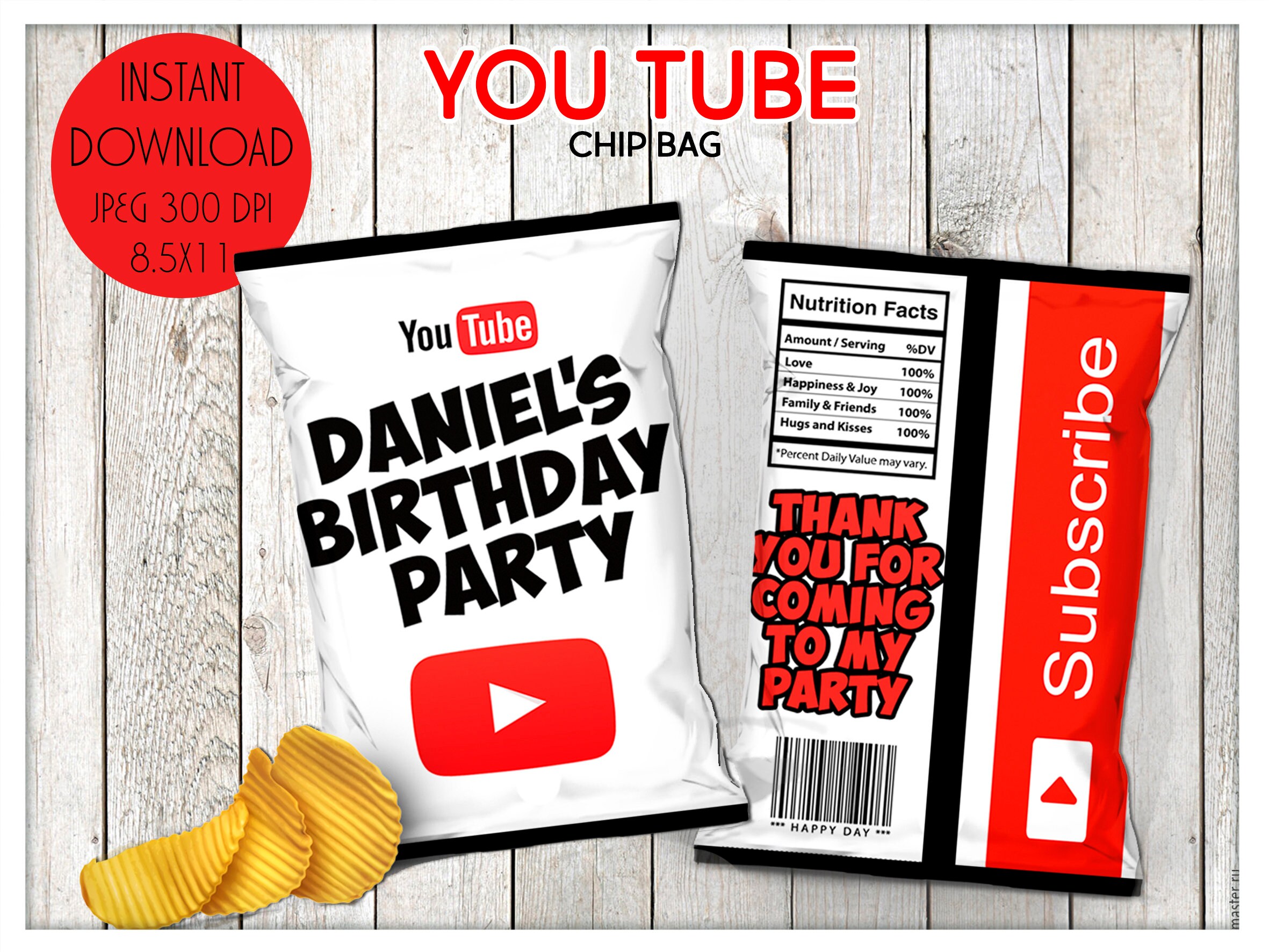 Chip Bag Treat Bag Youtube Party Favors Youtube Birthday Etsy