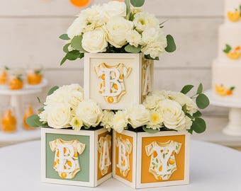 Little Cutie Onesie Baby Block Centerpiece 6x6, Orange Decor, Citrus Shower Decoration